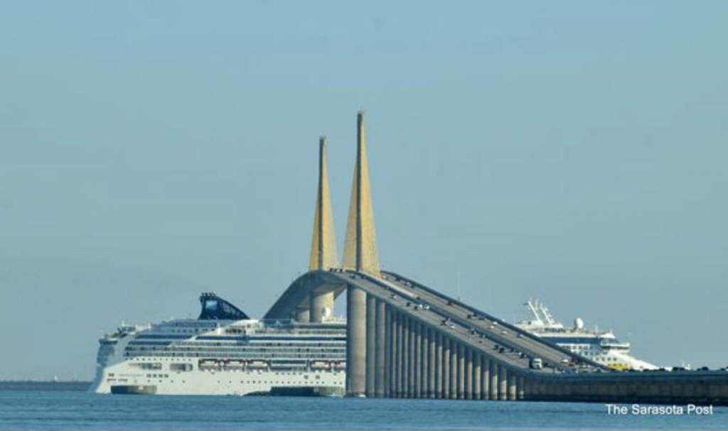 cruise ship under skyway bridge - Florida Sunshine Skyway Bridge and the Cruise Ship - The Suncoast Post