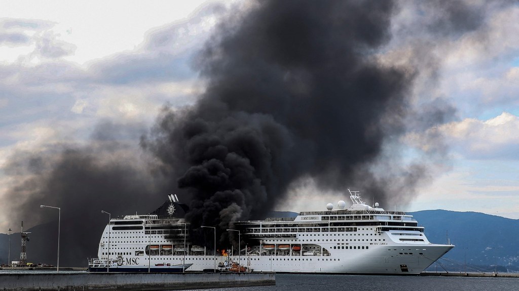 cruise ship fire - MSC Lirica cruise ship goes up in flames while docked in Corfu, Greece